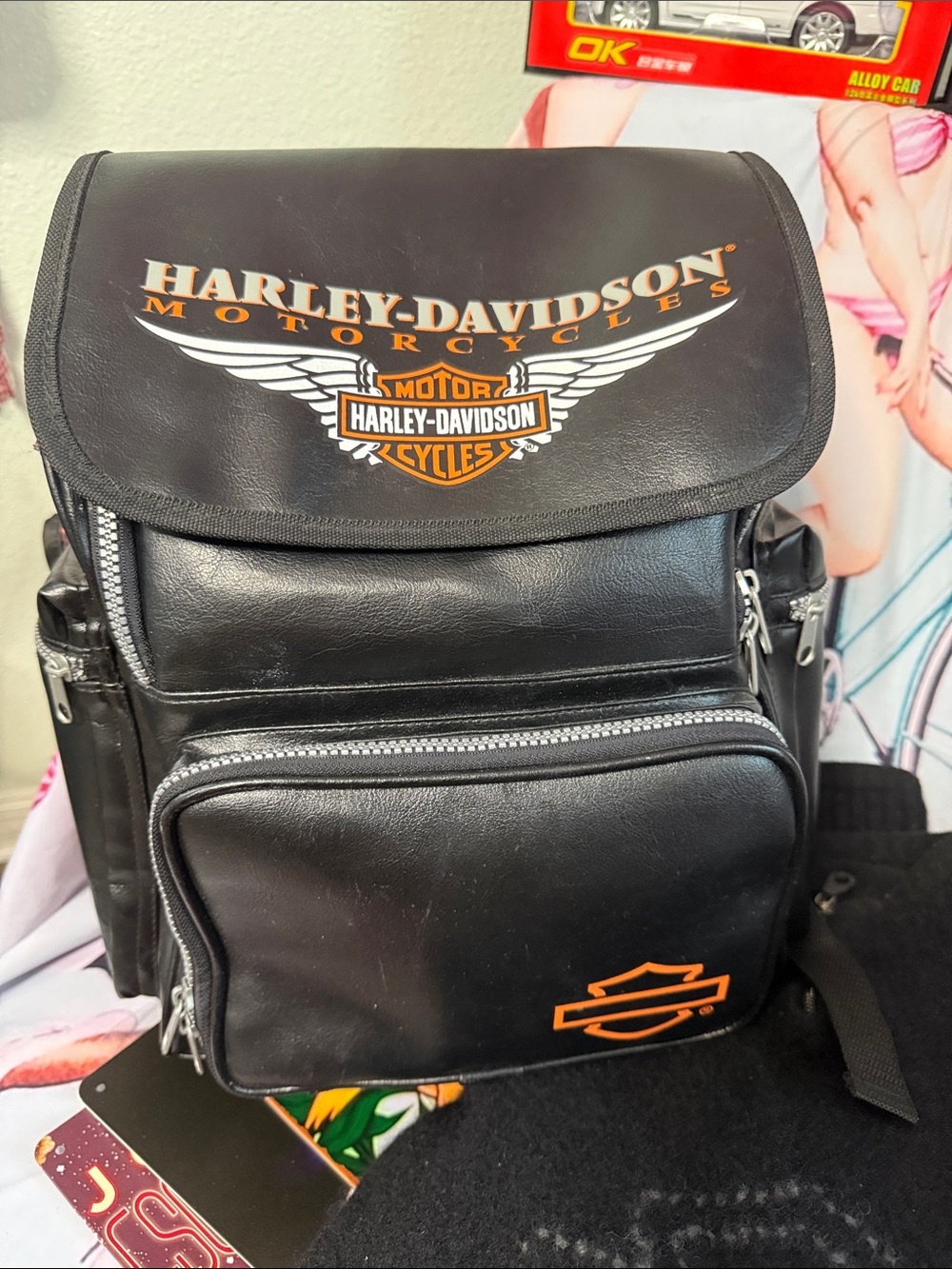 Harley-Davidson Black Backpack with Orange Logo and Wing Graphic - Picture 15 of 16
